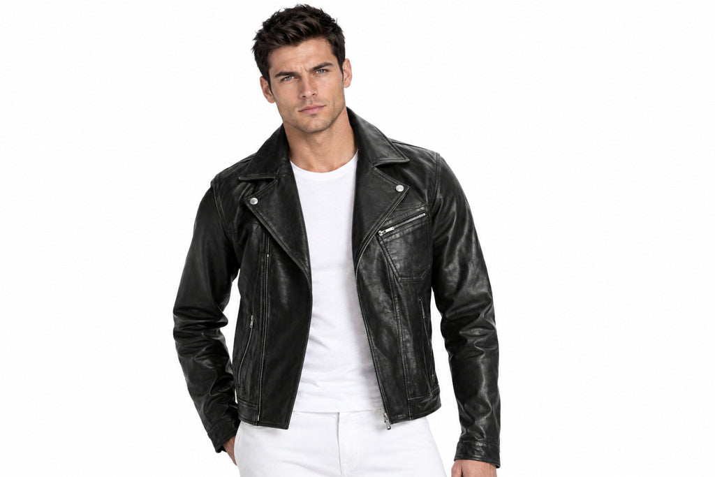 Front view of a man wearing the vintage black The Rustic Outpost Leather Jacket featuring notched lapels and an asymmetrical zipper.