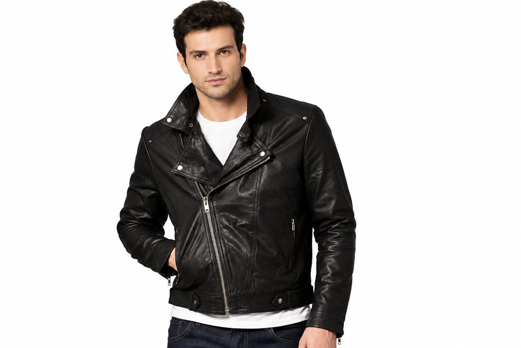 Front view of a man wearing the black The Signature Urban Hide Biker Jacket featuring notched lapels and an asymmetrical zipper.