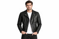 Front view of a man wearing the black The Sovereign Black Leather Biker Jacket featuring a stand collar and asymmetrical zipper.