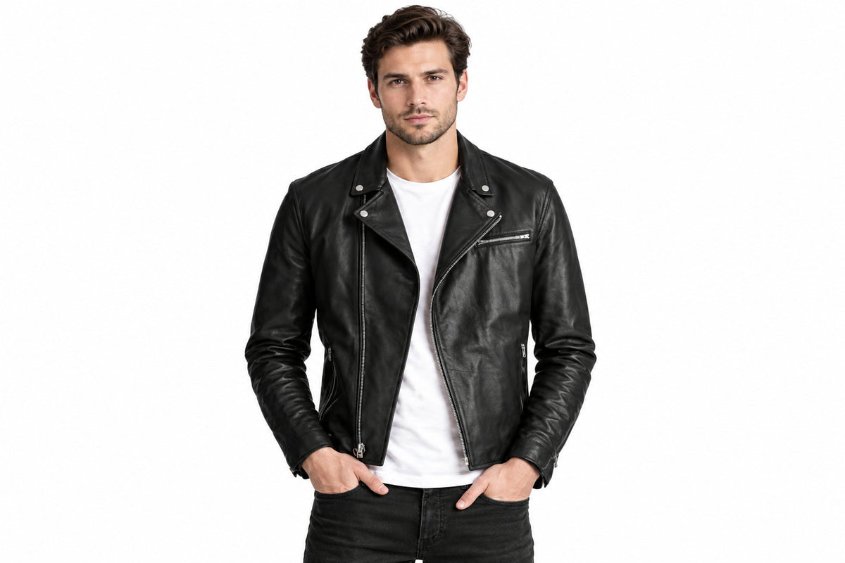 Front view of a man wearing the black The Sovereign Black Leather Biker Jacket featuring a stand collar and asymmetrical zipper.