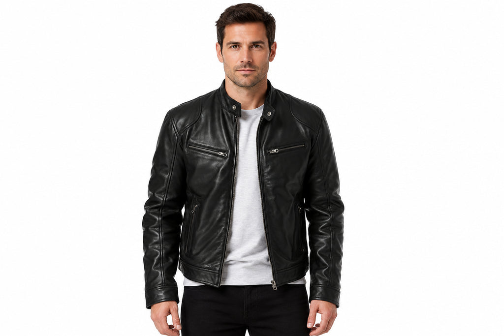 Front view of a man wearing the black The Speedster Cafe Racer Jacket featuring a stand collar and zippered chest pockets.