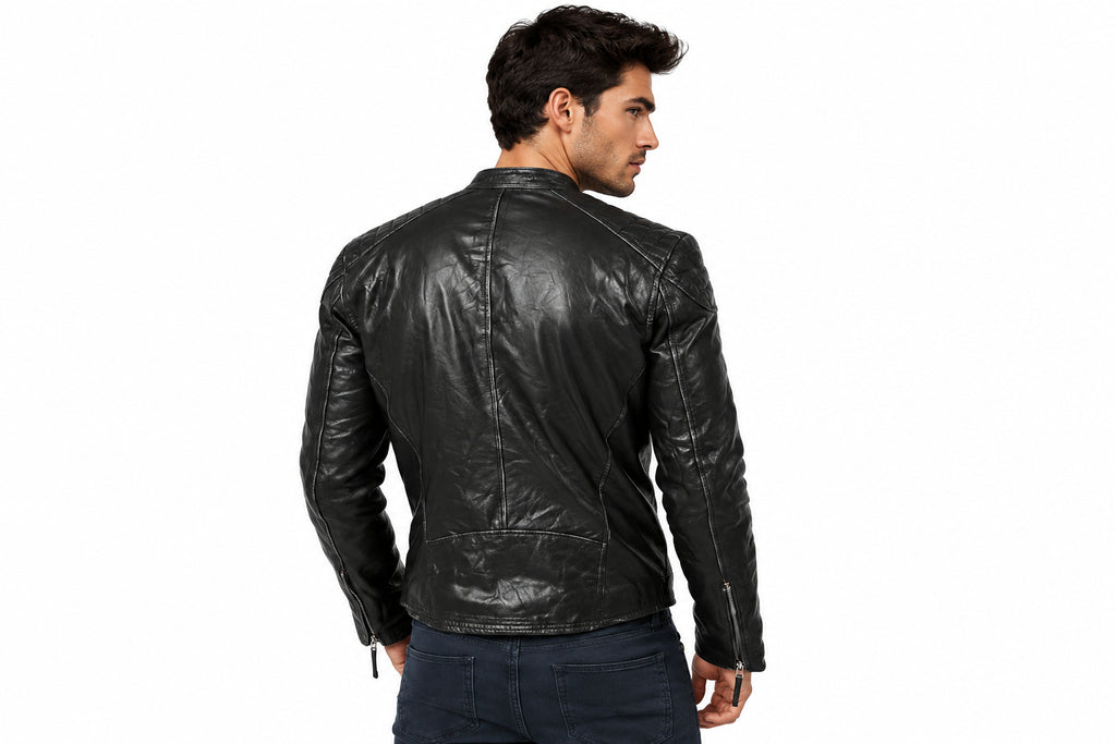 Back view of a man wearing the black The Streamline Leather Racer Jacket featuring a stand collar and zippered chest pocket.