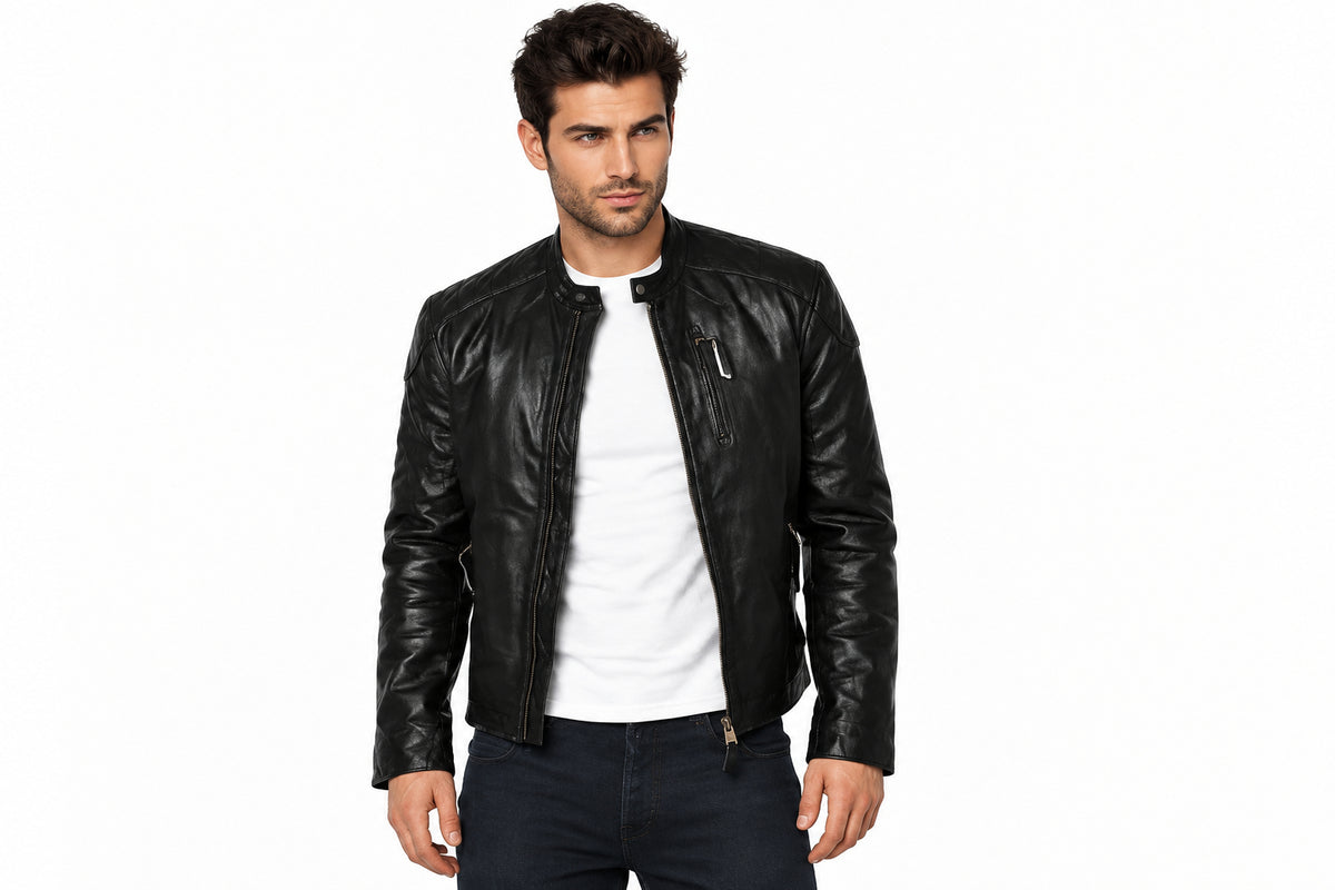 Front view of a man wearing the black The Streamline Leather Racer Jacket featuring a stand collar and zippered chest pocket.