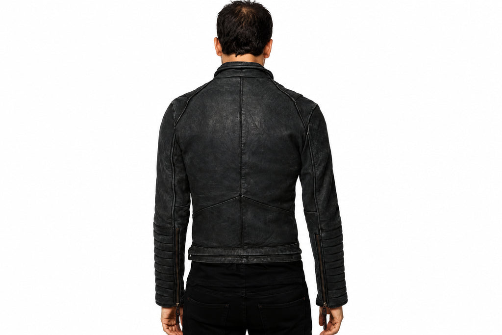 Back view of a man wearing the black The Street-King Belted Biker Jacket featuring a fold-down collar and ribbed sleeves.