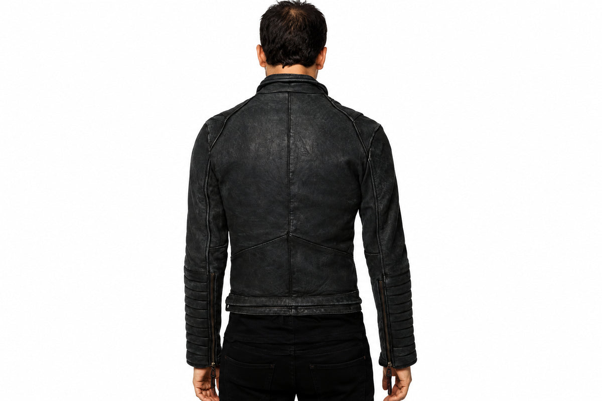 Back view of a man wearing the black The Street-King Belted Biker Jacket featuring a fold-down collar and ribbed sleeves.