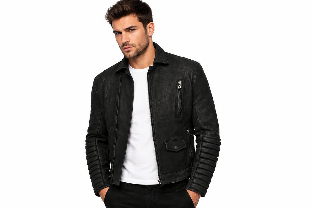 Front view of a man wearing the black The Street-King Belted Biker Jacket featuring a fold-down collar and ribbed sleeves.