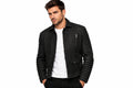 Front view of a man wearing the black The Street-King Belted Biker Jacket featuring a fold-down collar and ribbed sleeves.