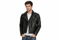 Front view of a man wearing the black The Strider Leather Racer Jacket featuring notched lapels and an asymmetrical zipper.