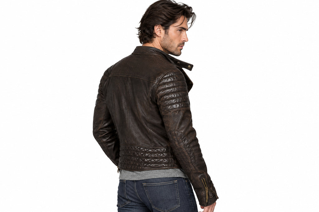 Back view of a man wearing the brown The Vanguard Modern Moto Jacket featuring a stand collar and asymmetrical zipper.