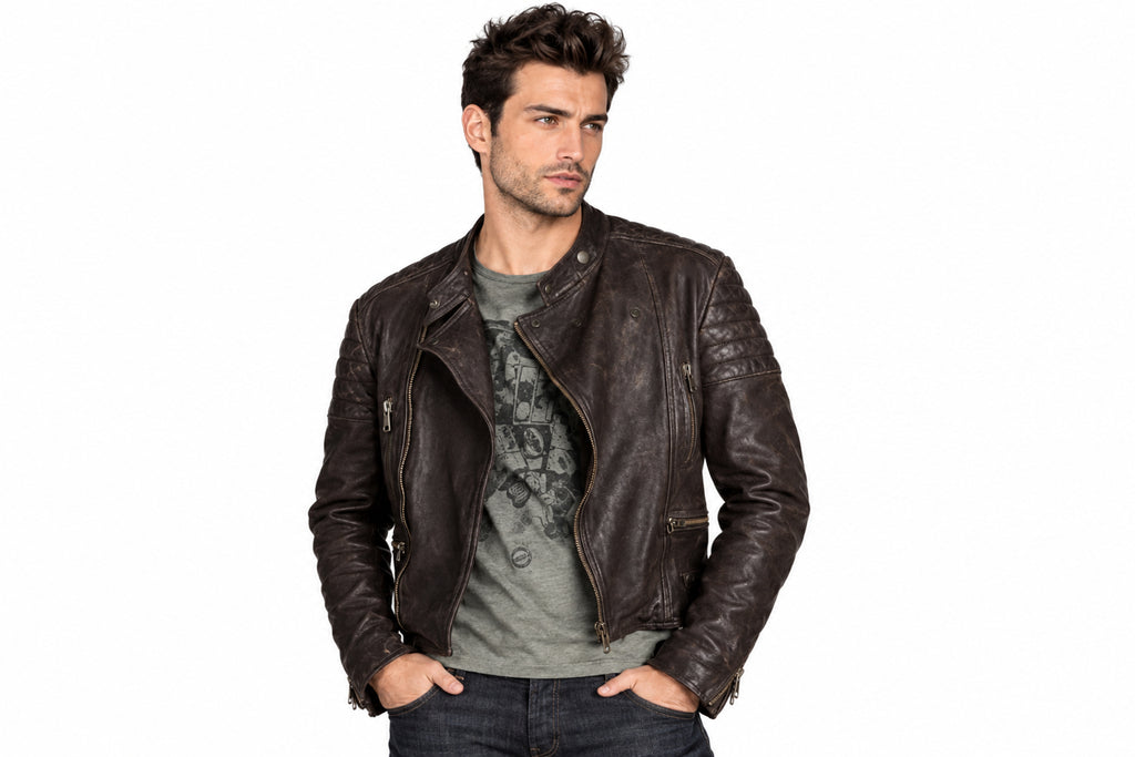 Front view of a man wearing the brown The Vanguard Modern Moto Jacket featuring a stand collar and asymmetrical zipper.