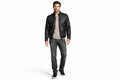 Front view of a man wearing the black The Vantage Belted Moto Jacket featuring a fold-down collar and chest flap pockets.
