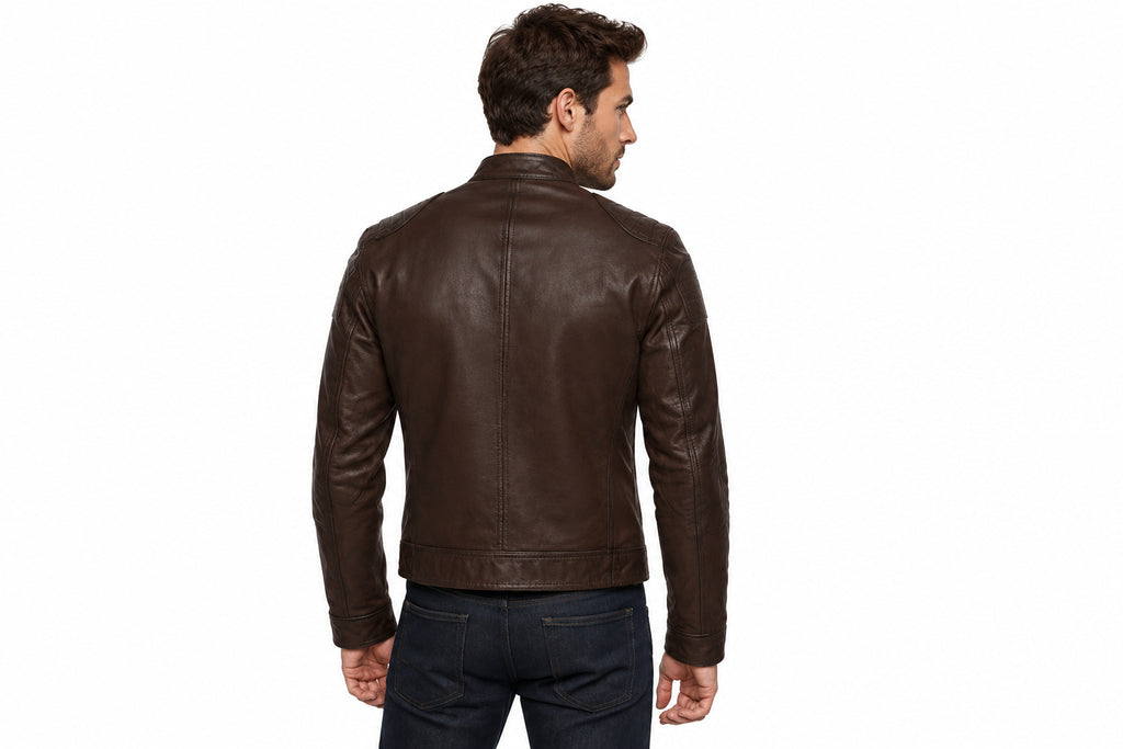 Back view of a man wearing the chocolate brown The Velocity Leather Jacket featuring a stand collar and zippered pockets.