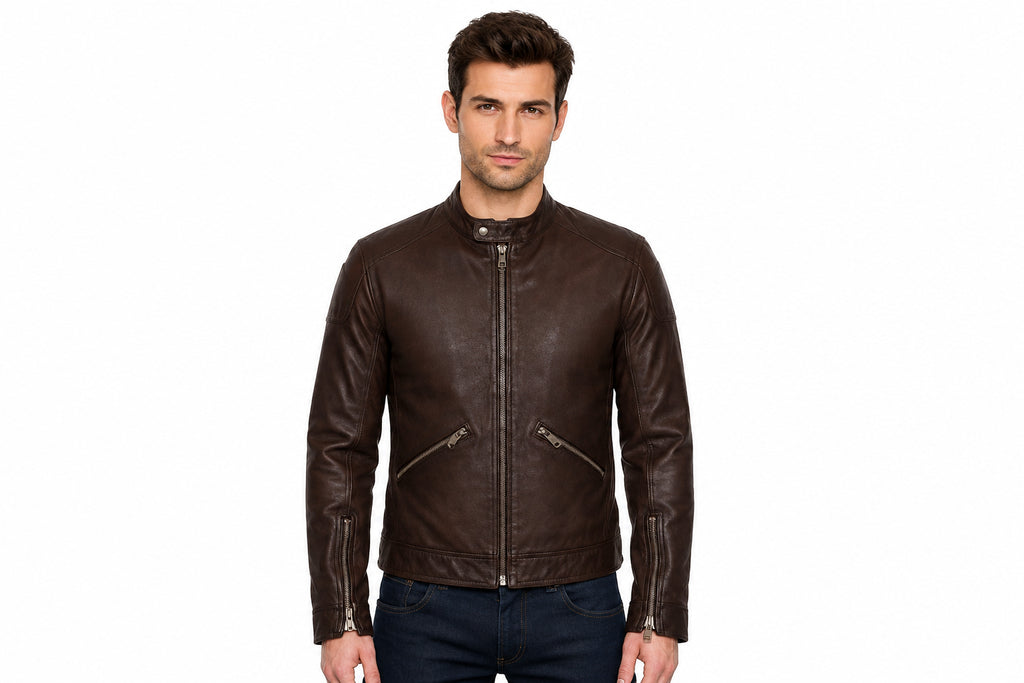 Front view of a man wearing the chocolate brown The Velocity Leather Jacket featuring a stand collar and zippered pockets.