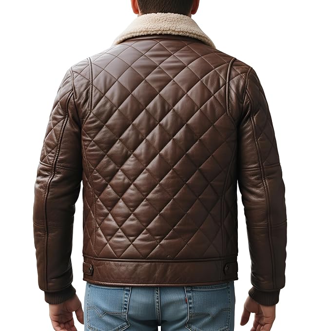 Back view of a man wearing the dust brown Thunder Forge Dust Brown Mens Leather Retro Jacket featuring diamond quilting and a shearling collar.