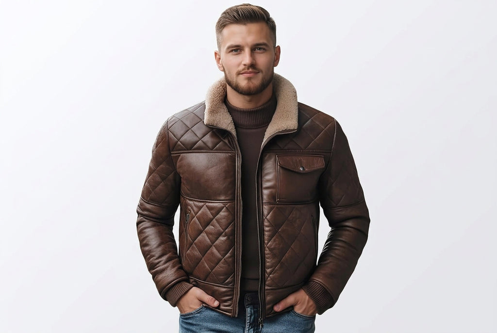 Front view of a man wearing the dust brown Thunder Forge Dust Brown Mens Leather Retro Jacket featuring diamond quilting and a shearling collar.