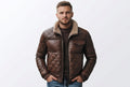 Front view of a man wearing the dust brown Thunder Forge Dust Brown Mens Leather Retro Jacket featuring diamond quilting and a shearling collar.