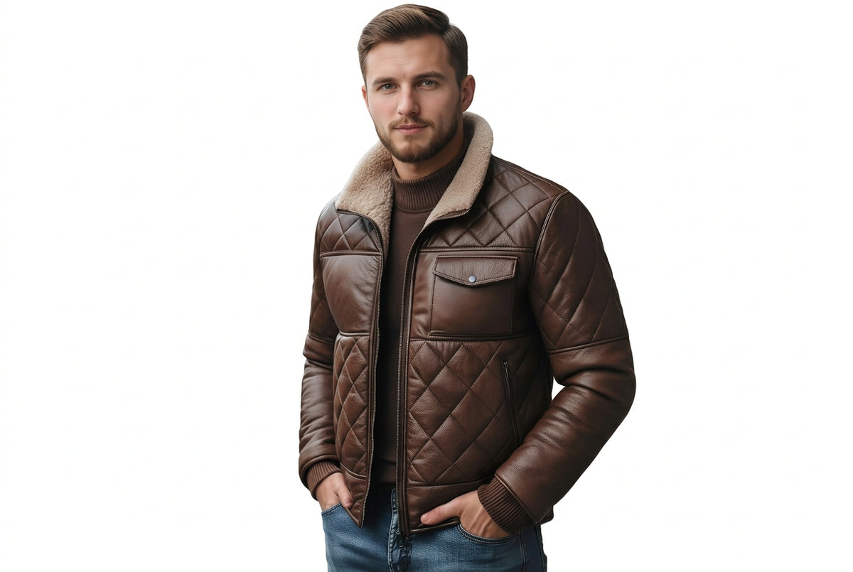 Side view of a man wearing the dust brown Thunder Forge Dust Brown Mens Leather Retro Jacket featuring diamond quilting and a shearling collar.