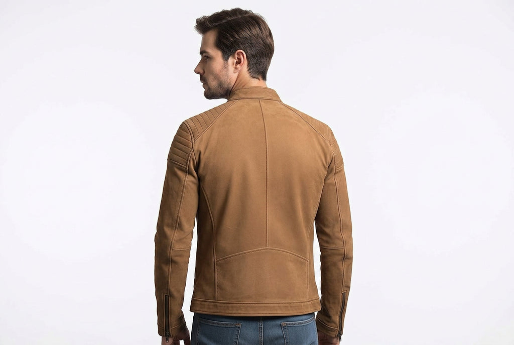 Back view of a man wearing the tan Thunder Grain Sovereign Suede Leather Jacket featuring pleated placket detail and ribbed shoulder panels.