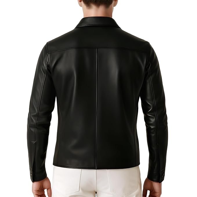 Back view of a man wearing the black Thunder Rider Highline Mens Lambskin Leather Fashion Jacket featuring a single patch chest pocket and a shirt collar.