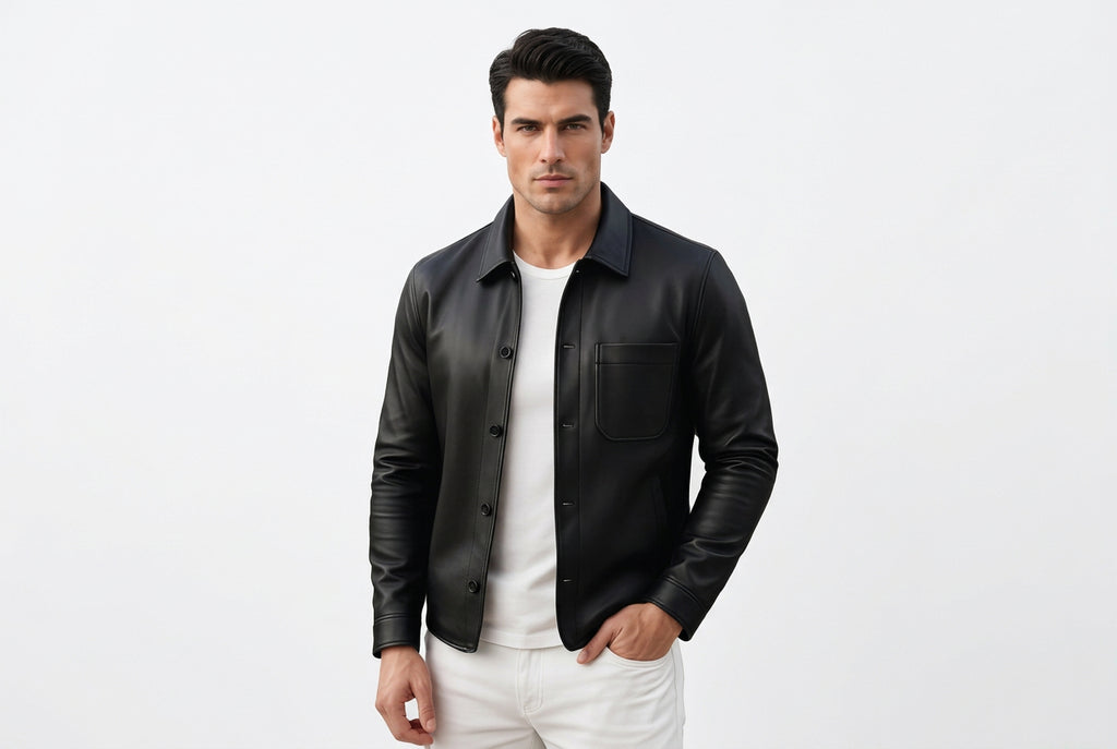 Front view of a man wearing the black Thunder Rider Highline Mens Lambskin Leather Fashion Jacket featuring a single patch chest pocket and a shirt collar.
