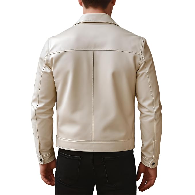 Front view of a man wearing the white Thunder Trail White Genuine Biker Leather Jacket featuring four flap pockets and contrast black buttons.
