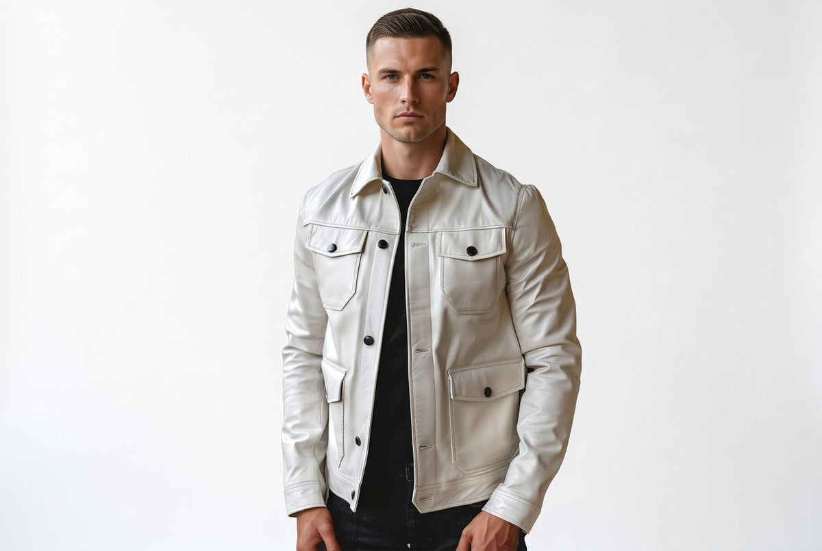 Front view of a man wearing the white Thunder Trail White Genuine Biker Leather Jacket featuring four flap pockets and contrast black buttons.