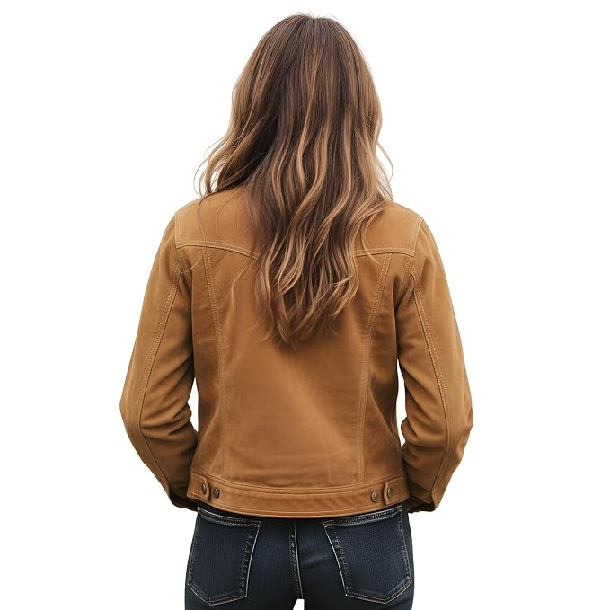 Thunderrain women's warm tan 100% pure soft suede real leather trucker jacket featuring contrast white topstitching, fold-down shirt collar, dual flap chest pockets with snap buttons, front zip closure with snap placket, side welt pockets, long fitted sleeves, and custom made-to-measure fitting across the UK, USA, and Australia.back