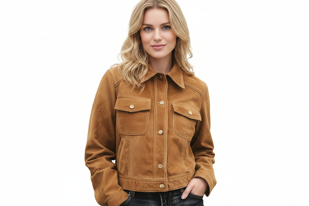 Thunderrain women's warm tan 100% pure soft suede real leather trucker jacket featuring contrast white topstitching, fold-down shirt collar, dual flap chest pockets with snap buttons, front zip closure with snap placket, side welt pockets, long fitted sleeves, and custom made-to-measure fitting across the UK, USA, and Australia.