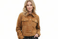 Thunderrain women's warm tan 100% pure soft suede real leather trucker jacket featuring contrast white topstitching, fold-down shirt collar, dual flap chest pockets with snap buttons, front zip closure with snap placket, side welt pockets, long fitted sleeves, and custom made-to-measure fitting across the UK, USA, and Australia.