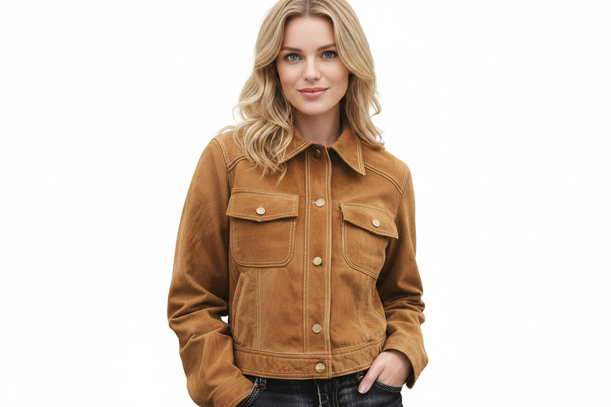 Thunderrain women's warm tan 100% pure soft suede real leather trucker jacket featuring contrast white topstitching, fold-down shirt collar, dual flap chest pockets with snap buttons, front zip closure with snap placket, side welt pockets, long fitted sleeves, and custom made-to-measure fitting across the UK, USA, and Australia.