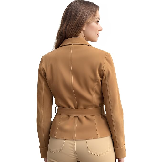 Thunderveil women's camel tan genuine soft suede real leather street style jacket featuring wide peak lapels, double-breasted front closure, matching adjustable grommet waist belt, buttoned wrist cuff tabs, long fitted sleeves, and custom made-to-measure fitting across the UK, USA, and Australia.back