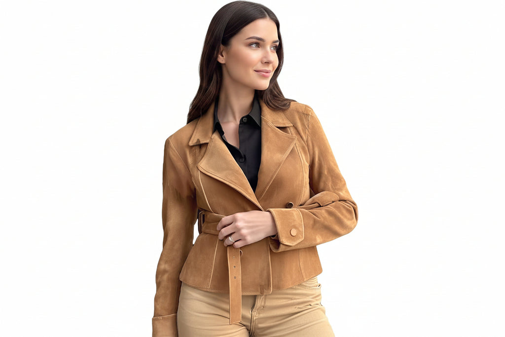 Thunderveil women's camel tan genuine soft suede real leather street style jacket featuring wide peak lapels, double-breasted front closure, matching adjustable grommet waist belt, buttoned wrist cuff tabs, long fitted sleeves, and custom made-to-measure fitting across the UK, USA, and Australia.