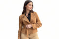 Thunderveil women's camel tan genuine soft suede real leather street style jacket featuring wide peak lapels, double-breasted front closure, matching adjustable grommet waist belt, buttoned wrist cuff tabs, long fitted sleeves, and custom made-to-measure fitting across the UK, USA, and Australia.