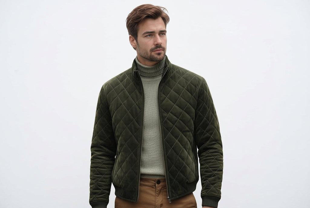 Front view of a man wearing the olive green Timeless Edge Olive Green Suede Leather Jacket featuring diamond quilting and a stand collar.