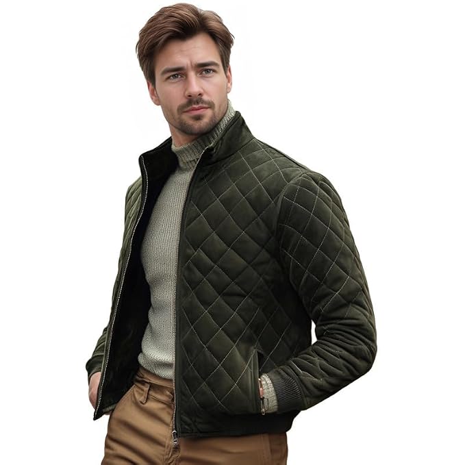 Side view of a man wearing the olive green Timeless Edge Olive Green Suede Leather Jacket featuring diamond quilting and a stand collar.