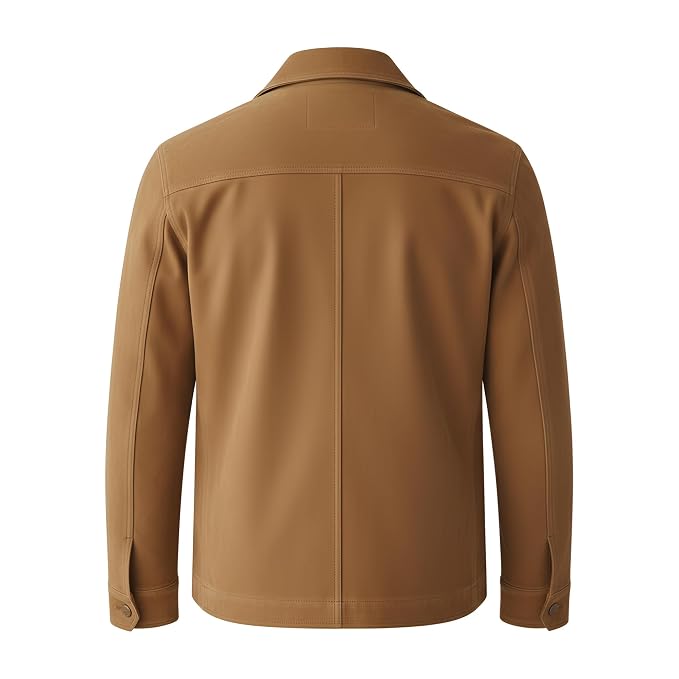 Back view of the tan Timeless Forge Suede Leather Jacket featuring four box-pleated flap pockets and a shirt collar.