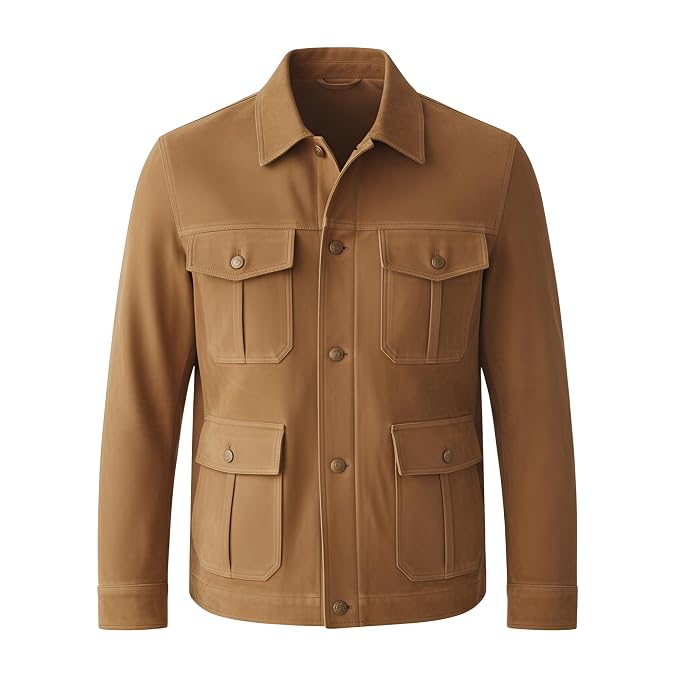 Front view of the tan Timeless Forge Suede Leather Jacket featuring four box-pleated flap pockets and a shirt collar.