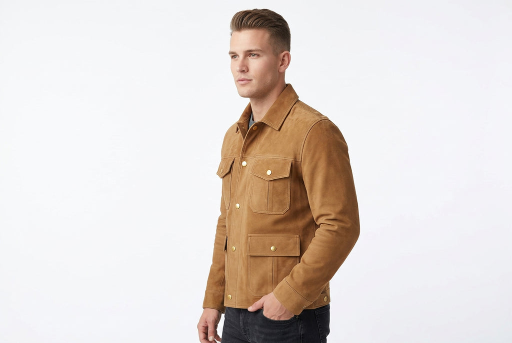 Side view of the tan Timeless Forge Suede Leather Jacket featuring four box-pleated flap pockets and a shirt collar.