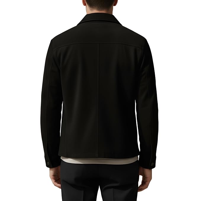 Back view of a man wearing the black Timeless Grain Iconic Suede Leather Jacket featuring dual chest patch pockets and a shirt collar.