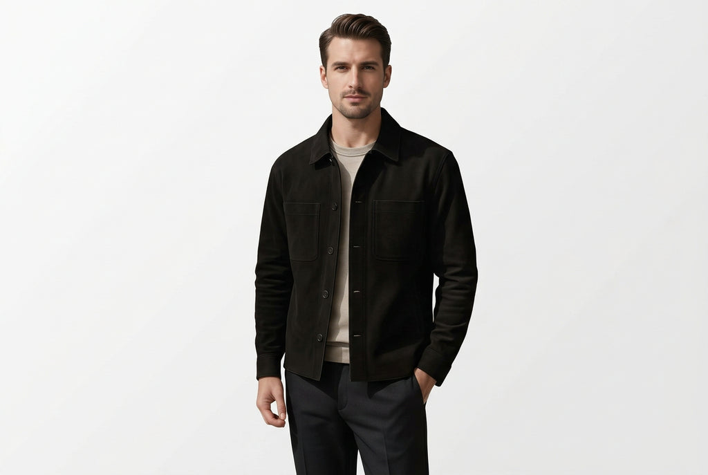 Front view of a man wearing the black Timeless Grain Iconic Suede Leather Jacket featuring dual chest patch pockets and a shirt collar.