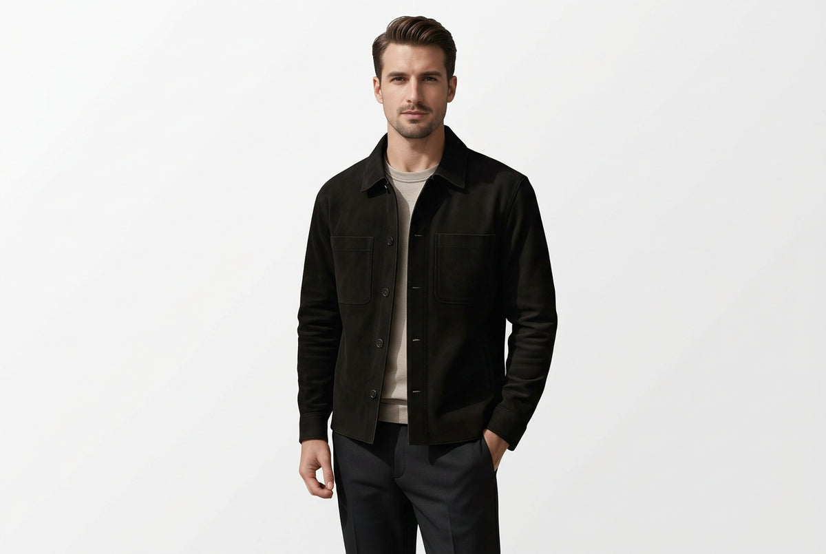 Front view of a man wearing the black Timeless Grain Iconic Suede Leather Jacket featuring dual chest patch pockets and a shirt collar.