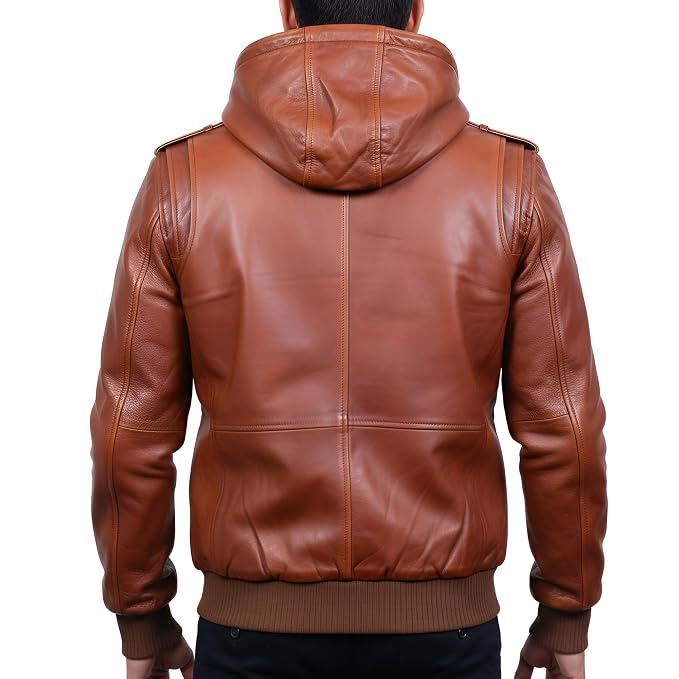 Back view of a man wearing the tan-brown Titan Blaze Signature Biker Slim Fit Leather Jacket featuring a leather hood and double-zip front.