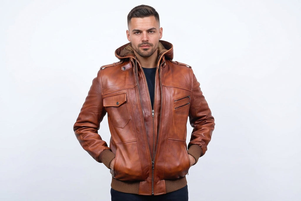 Front view of a man wearing the tan-brown Titan Blaze Signature Biker Slim Fit Leather Jacket featuring a leather hood and double-zip front.