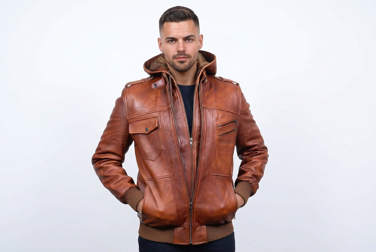 Front view of a man wearing the tan-brown Titan Blaze Signature Biker Slim Fit Leather Jacket featuring a leather hood and double-zip front.