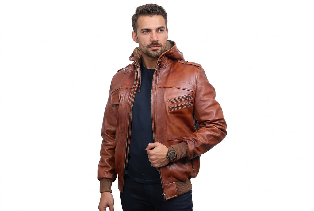 Side view of a man wearing the tan-brown Titan Blaze Signature Biker Slim Fit Leather Jacket featuring a leather hood and double-zip front.