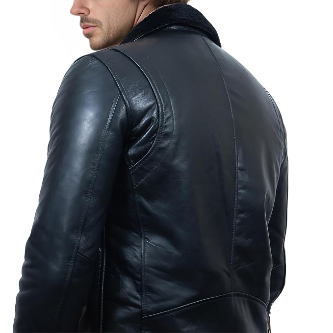 Back view of a man wearing the black Titan Edge Rebel Style Motorcycle Leather Jacket featuring a plush black shearling collar and asymmetrical zipper.