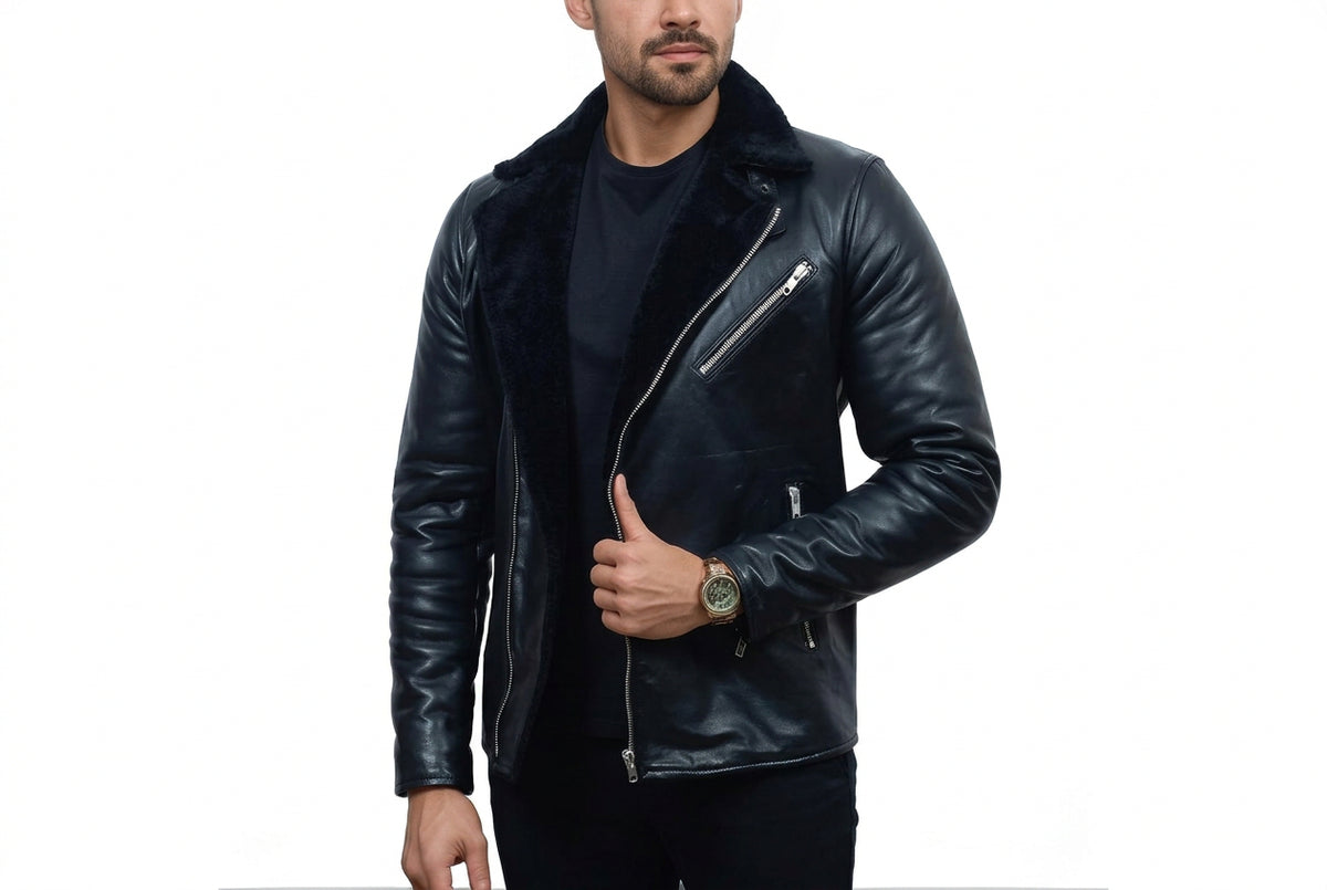 Side view of a man wearing the black Titan Edge Rebel Style Motorcycle Leather Jacket featuring a plush black shearling collar and asymmetrical zipper.