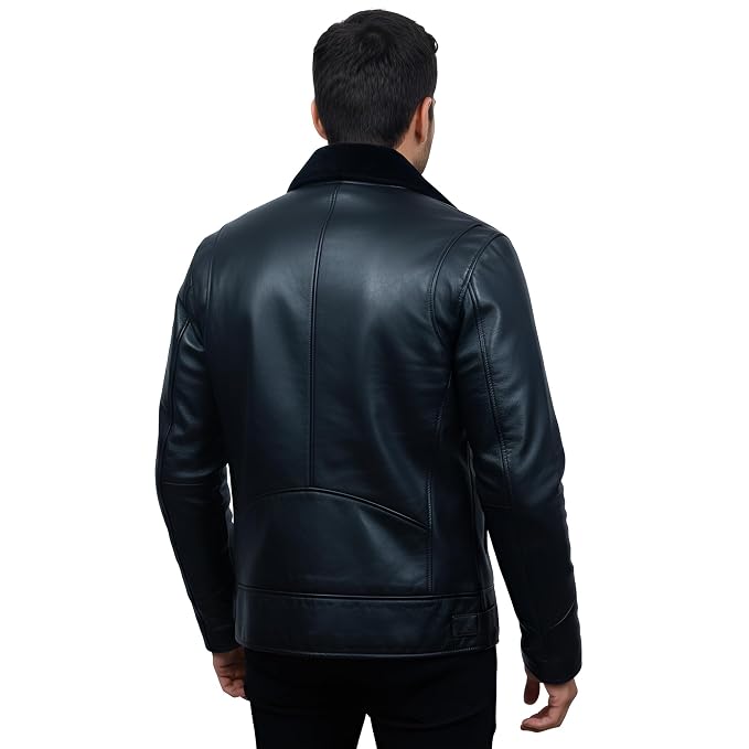 Back view of a man wearing the black Titan Gear Black Genuine Biker Leather Jacket featuring a plush black fur collar and double throat latches.
