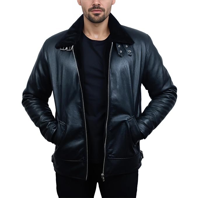 Front view of a man wearing the black Titan Gear Black Genuine Biker Leather Jacket featuring a plush black fur collar and double throat latches.