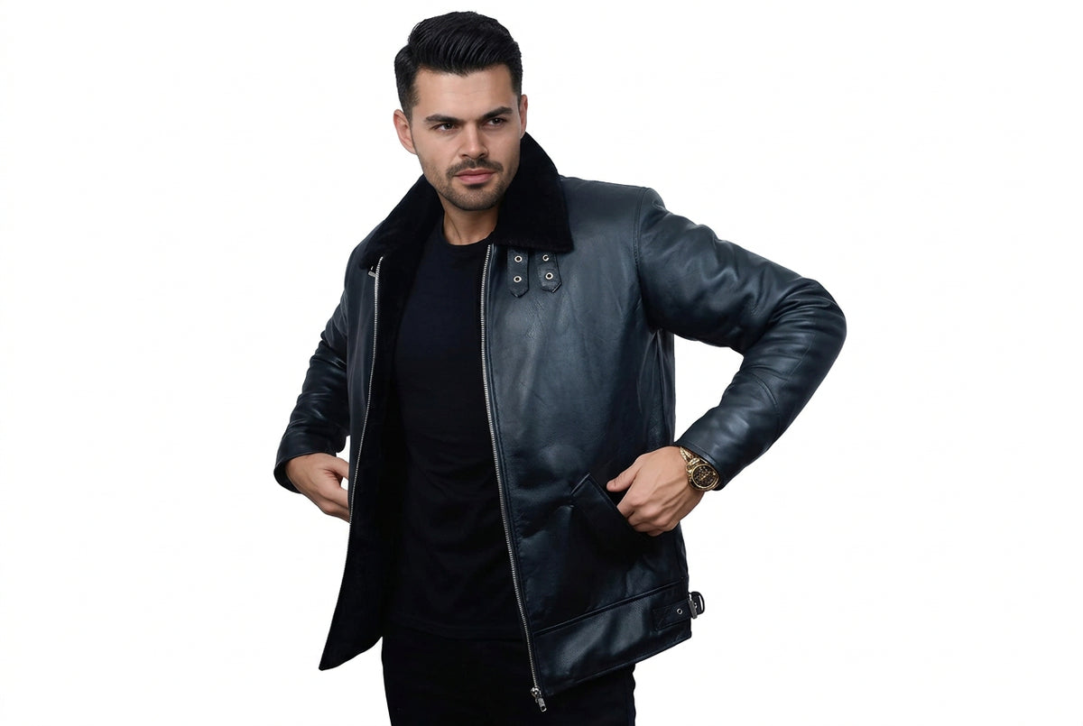 Side view of a man wearing the black Titan Gear Black Genuine Biker Leather Jacket featuring a plush black fur collar and double throat latches.